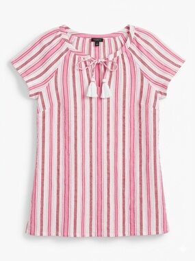 Talbots Pink White Breezy Stripe Linen Blend Flutter Sleeve Tassel Top Small